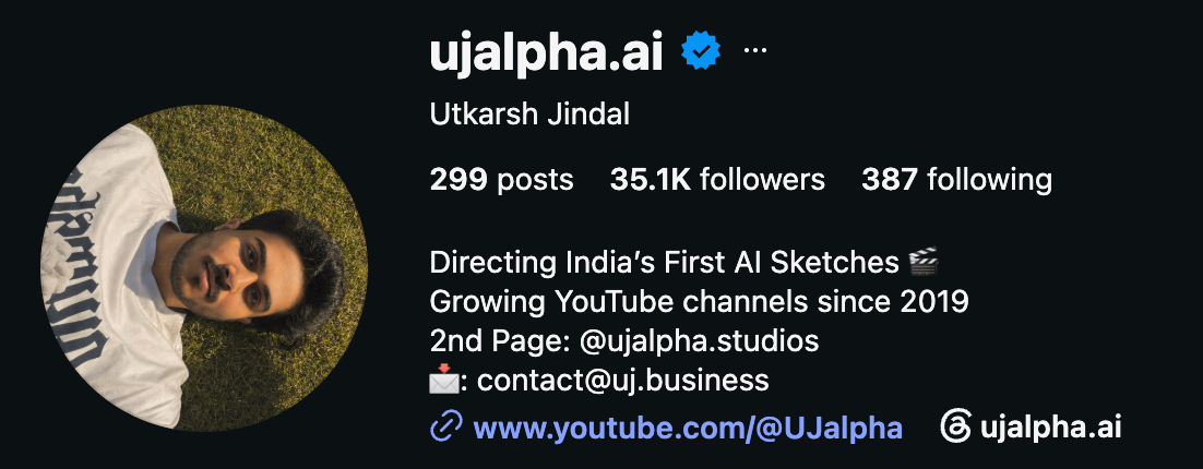 Utkarsh Jindal's Instagram profile, @ujalpha.ai. 299 posts, 35.1K followers, 387 following. Directing India's First AI Sketches. Growing YouTube channels since 2019.